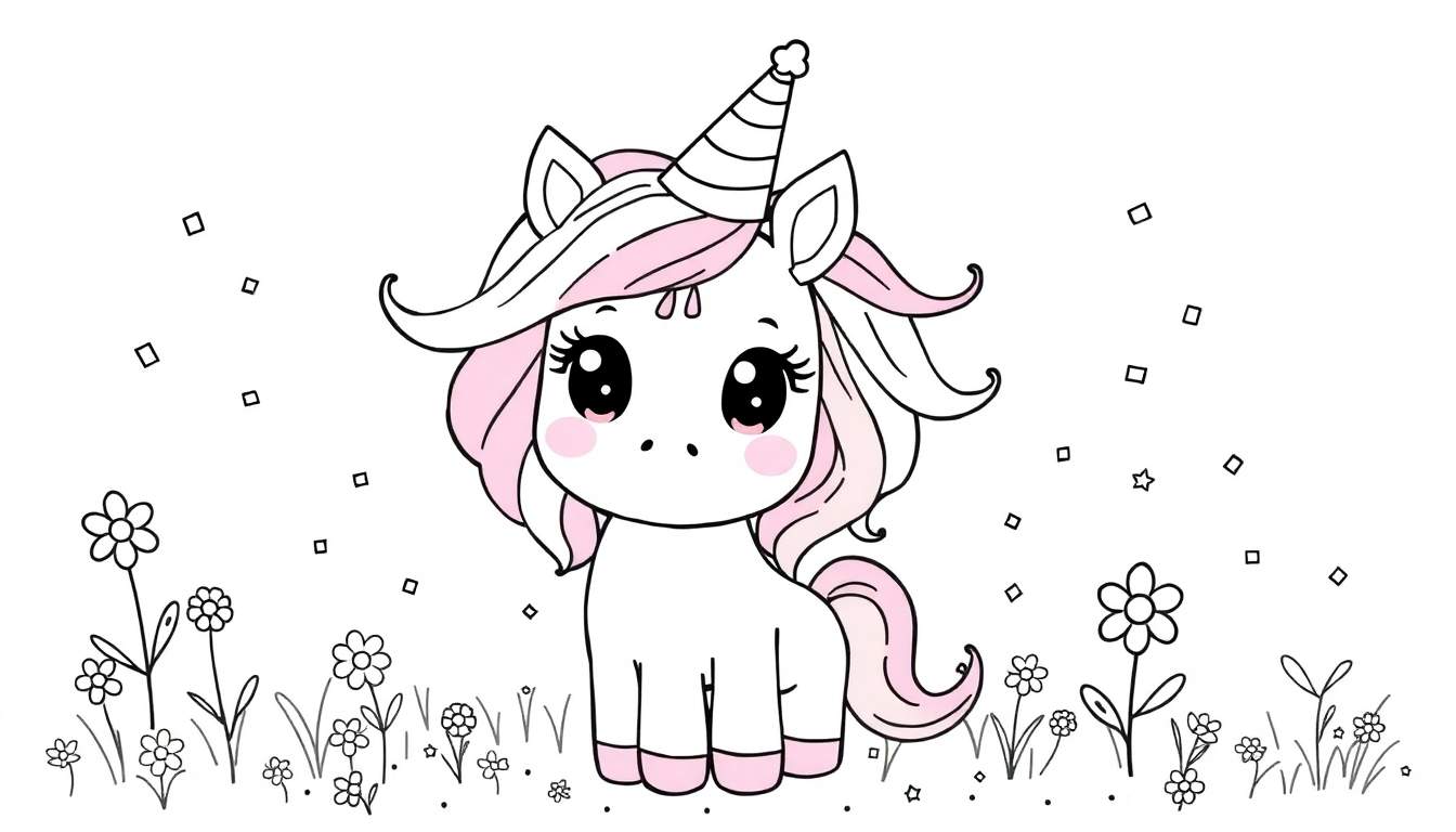 A cute unicorn with a party hat, ready for coloring. This color panel features a happy unicorn in a field of flowers.