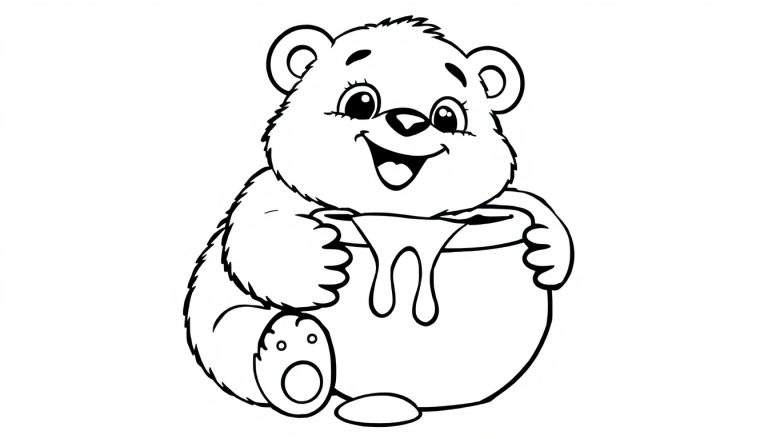 A cute bear coloring panel eagerly holding a pot of honey.