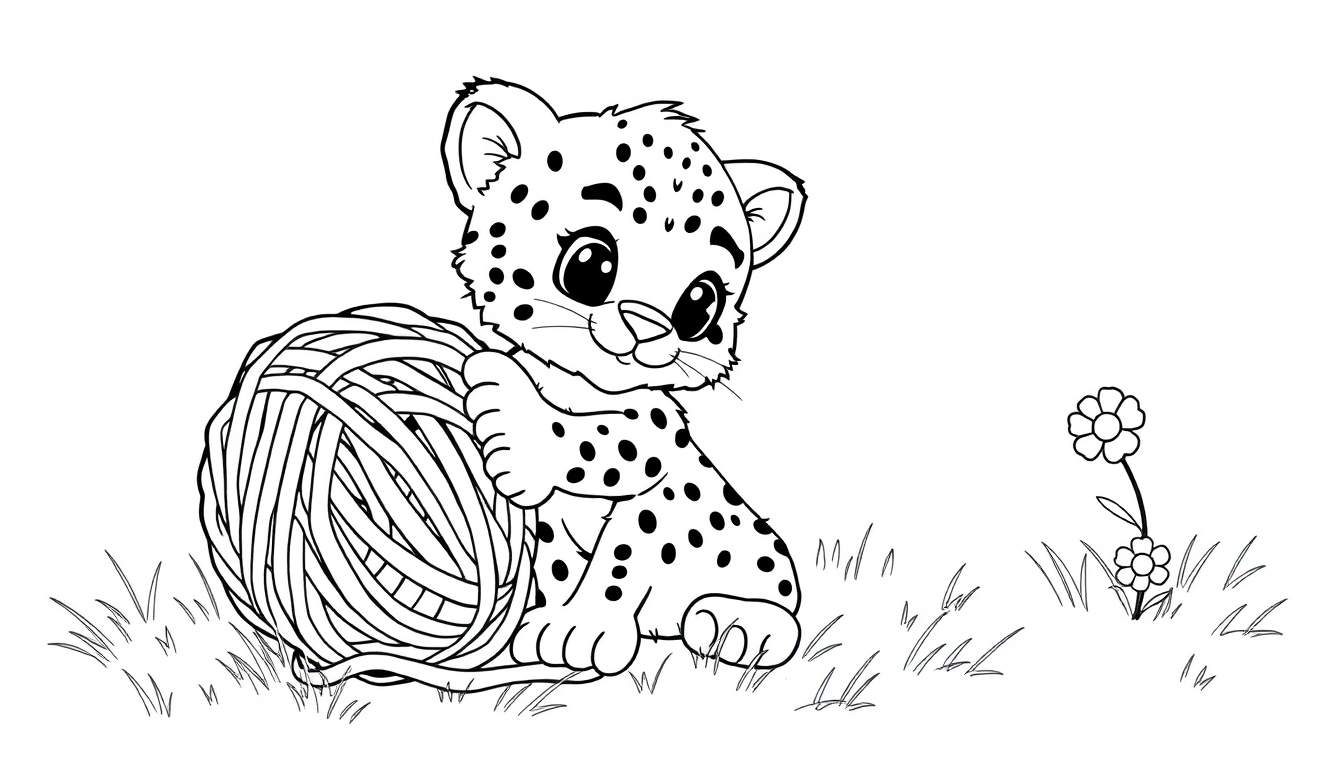 A cute baby leopard cub playing with a ball of yarn in the grass.