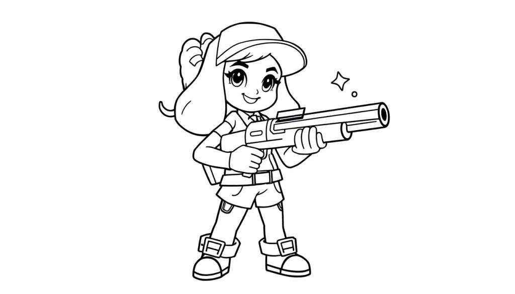 A cartoon girl, Shelly, in a black and white coloring page, aiming a futuristic blaster with a star near the barrel. She has a ponytail, a cap, and a big smile. This is a fun color panel for kids to imagine.