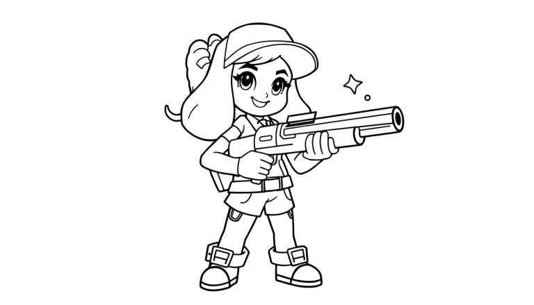A cartoon girl, Shelly, in a black and white coloring page, aiming a futuristic blaster with a star near the barrel. She has a ponytail, a cap, and a big smile. This is a fun color panel for kids to imagine.