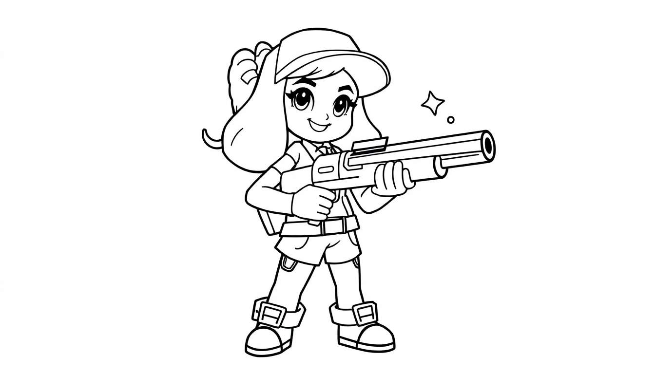 A cartoon girl, Shelly, in a black and white coloring page, aiming a futuristic blaster with a star near the barrel. She has a ponytail, a cap, and a big smile. This is a fun color panel for kids to imagine.