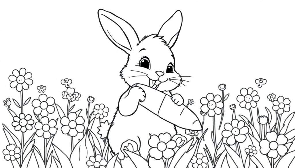 A cute bunny holding a carrot in a field of flowers, a black and white color panel.
