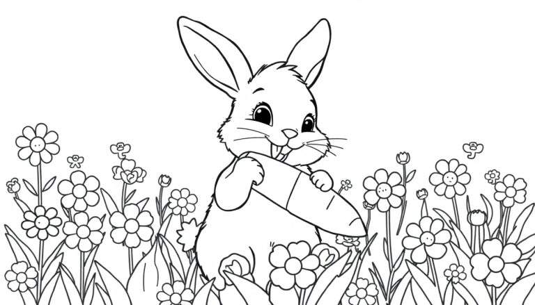 A cute bunny holding a carrot in a field of flowers, a black and white color panel.