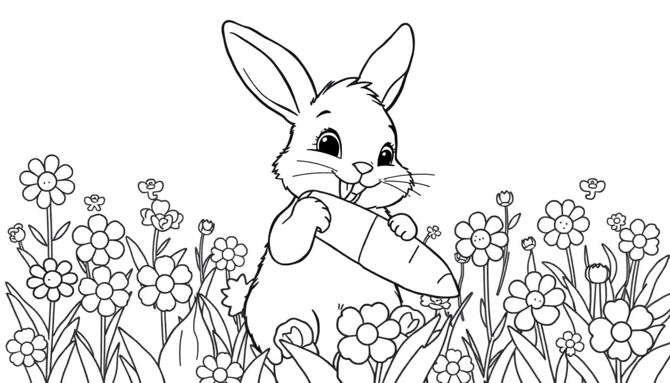 A cute bunny holding a carrot in a field of flowers, a black and white color panel.