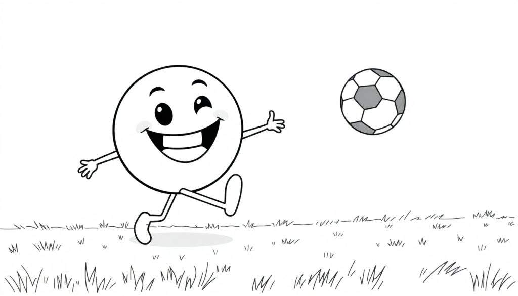 A happy cartoon character running to kick a soccer ball, with a wink, on a white color panel.