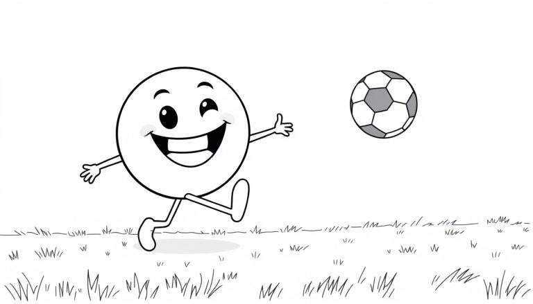 A happy cartoon character running to kick a soccer ball, with a wink, on a white color panel.