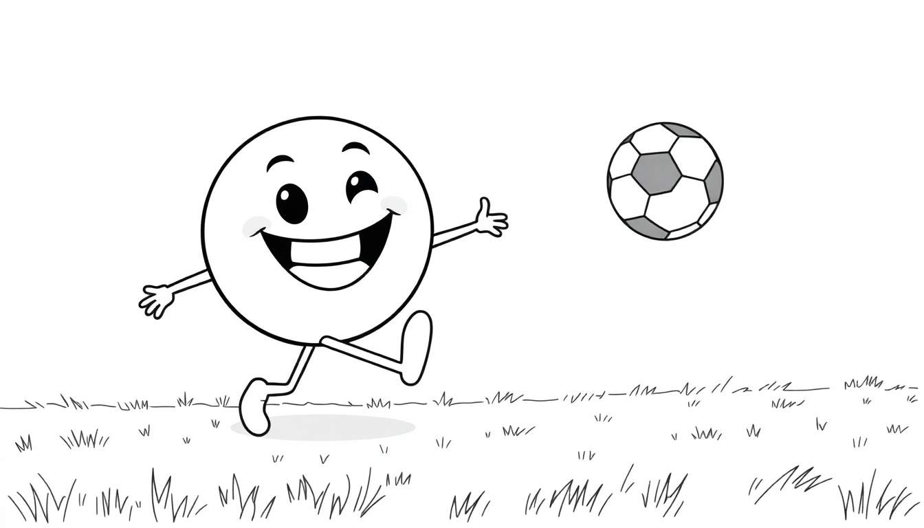 A happy cartoon character running to kick a soccer ball, with a wink, on a white color panel.
