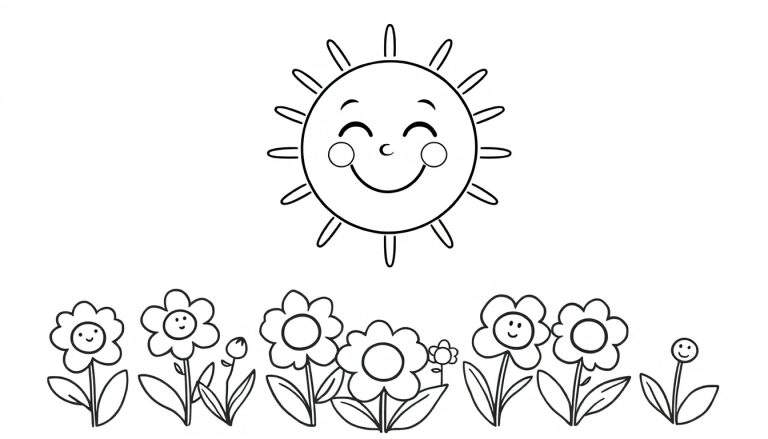 A happy sun beaming down on a field of smiling flowers, a delightful color panel ready for artistic expression.