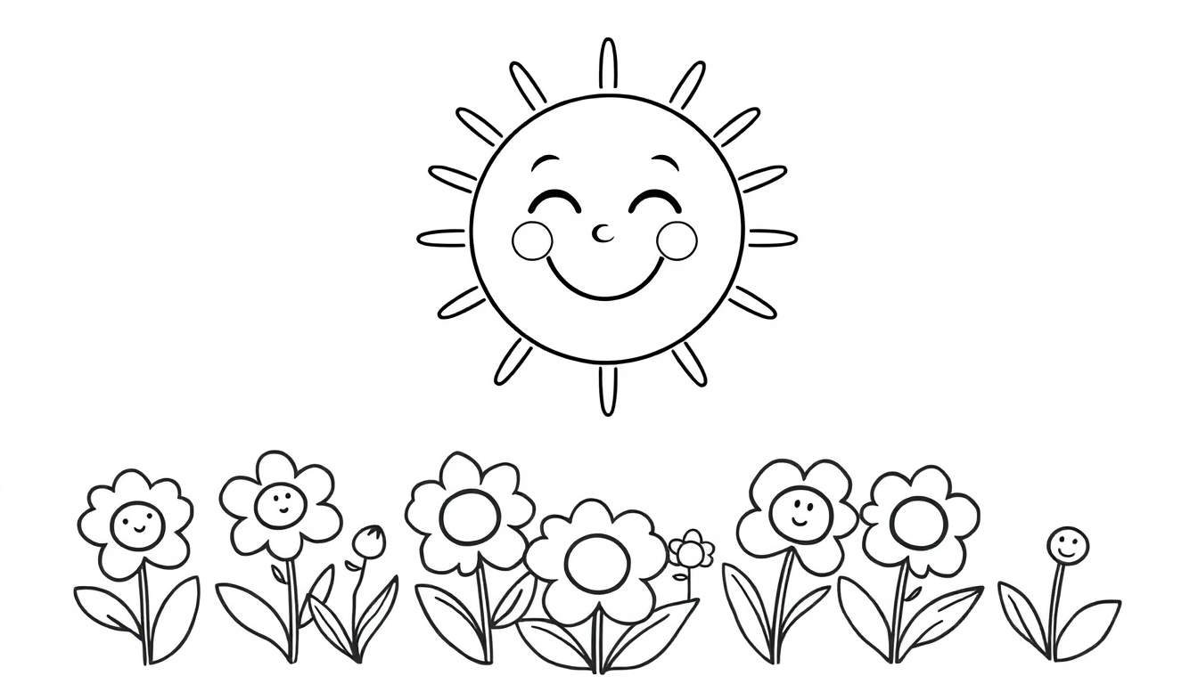A happy sun beaming down on a field of smiling flowers, a delightful color panel ready for artistic expression.