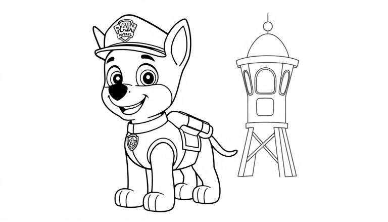 Chase from Paw Patrol coloring page, ready for adventure in his police uniform. Includes the Lookout tower and a color panel.