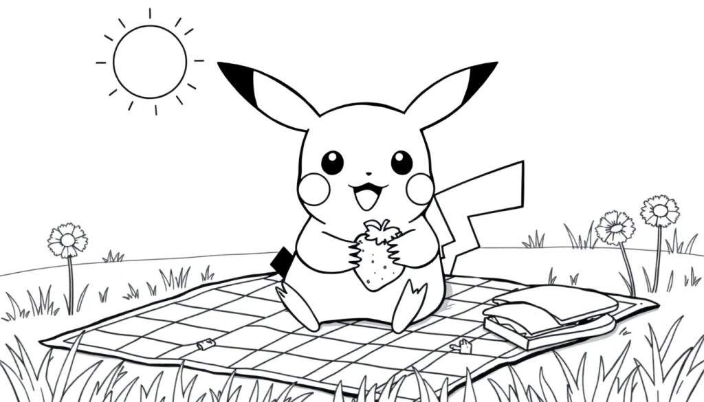 A happy Pikachu enjoying a picnic on a checkered blanket, with a sunny meadow and flowers in the background, as a coloring page.