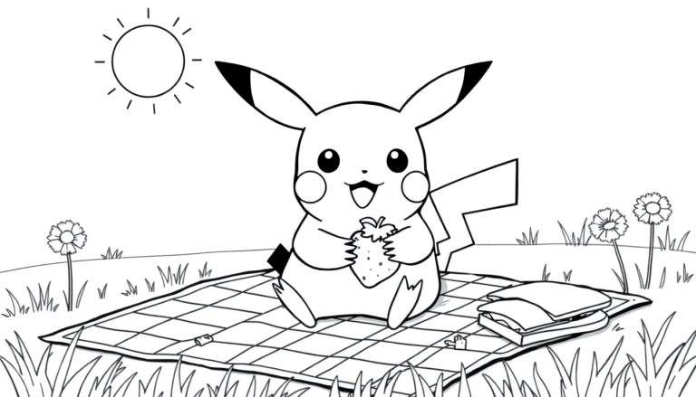 A happy Pikachu enjoying a picnic on a checkered blanket, with a sunny meadow and flowers in the background, as a coloring page.