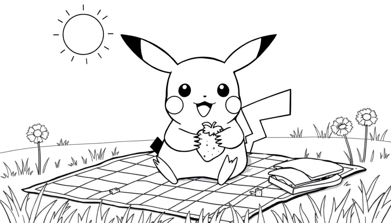 A happy Pikachu enjoying a picnic on a checkered blanket, with a sunny meadow and flowers in the background, as a coloring page.
