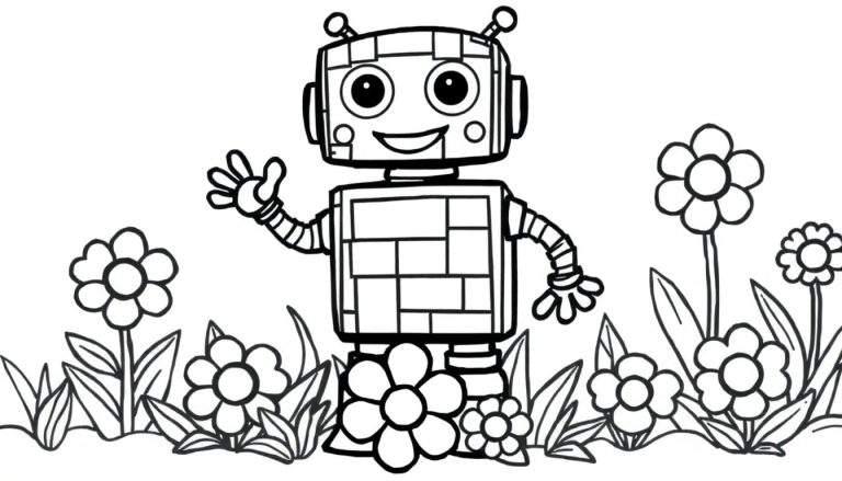 A smiling black and white robot waves hello in a field of flowers. This color panel image is ready for coloring.