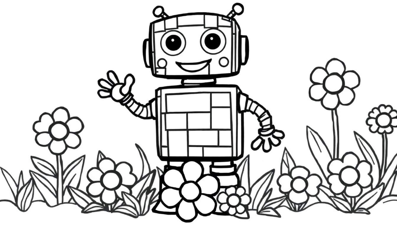 A smiling black and white robot waves hello in a field of flowers. This color panel image is ready for coloring.