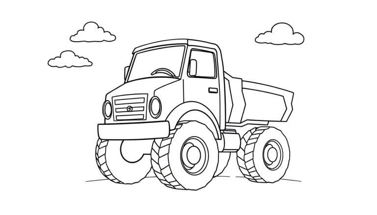 A black and white line drawing of a Volvo truck with large tires, presented as a color panel for kids.