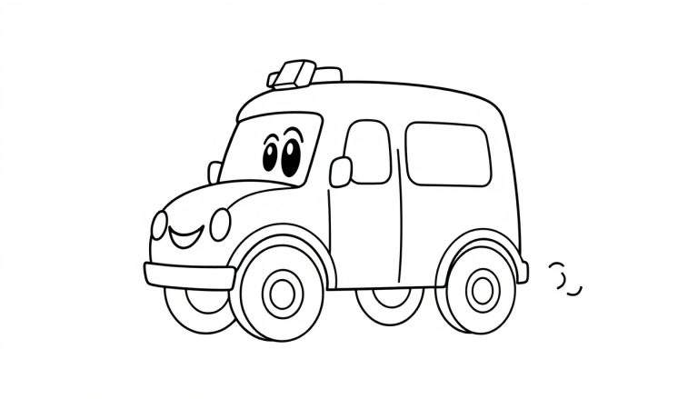 A cartoon ambulance coloring page, a friendly vehicle with large wheels and a light bar, ready to be colored in on a black and white color panel.
