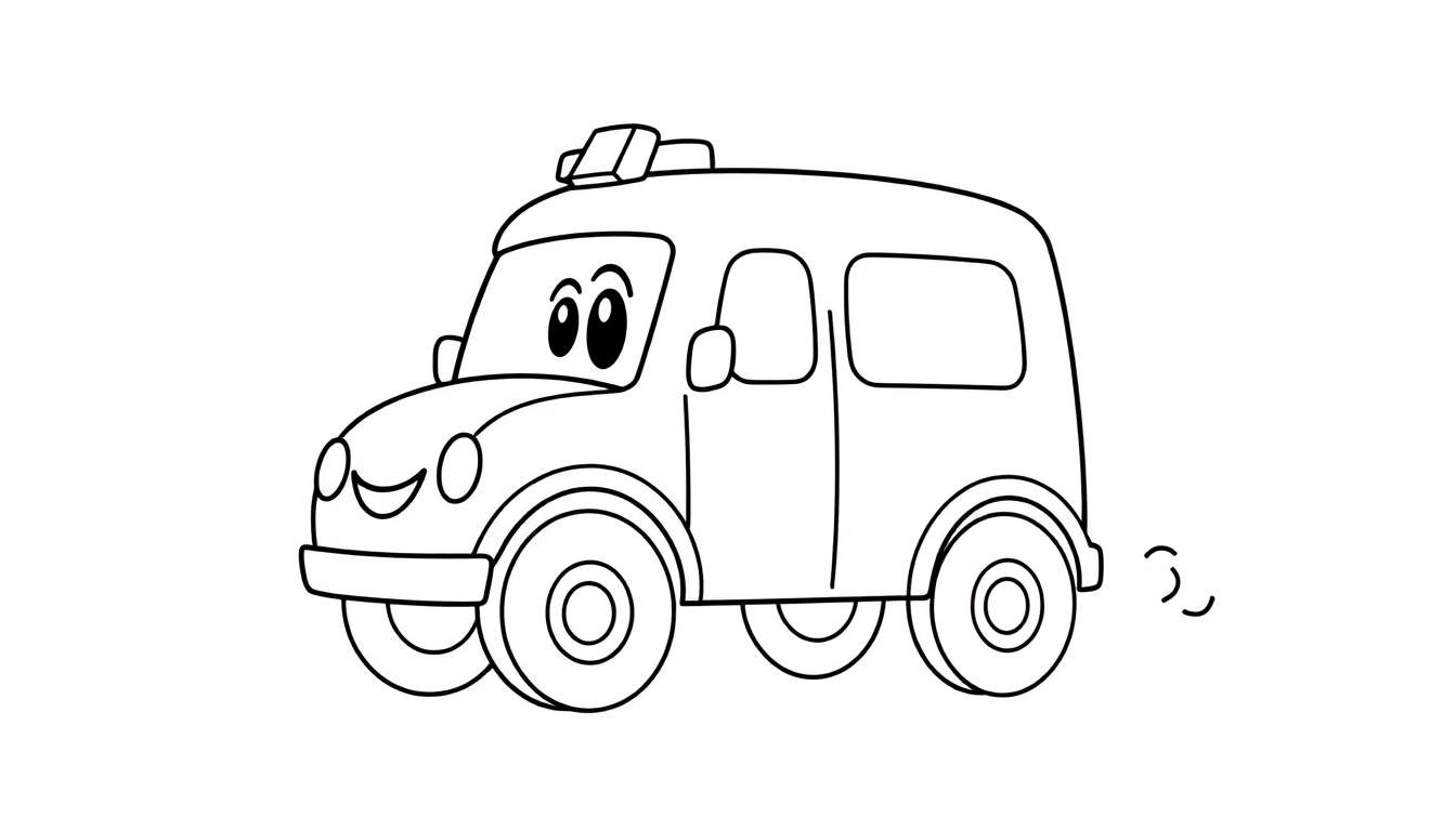 A cartoon ambulance coloring page, a friendly vehicle with large wheels and a light bar, ready to be colored in on a black and white color panel.