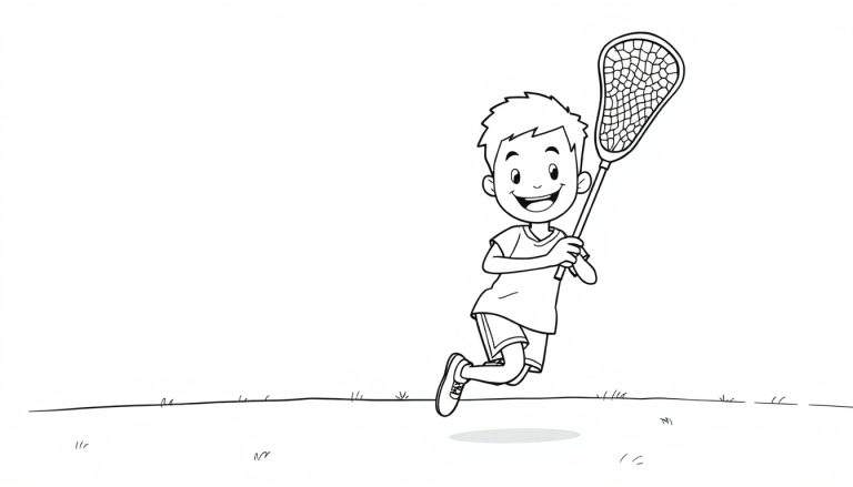 A black and white coloring page of a happy cartoon boy jumping with a lacrosse stick in a color panel.
