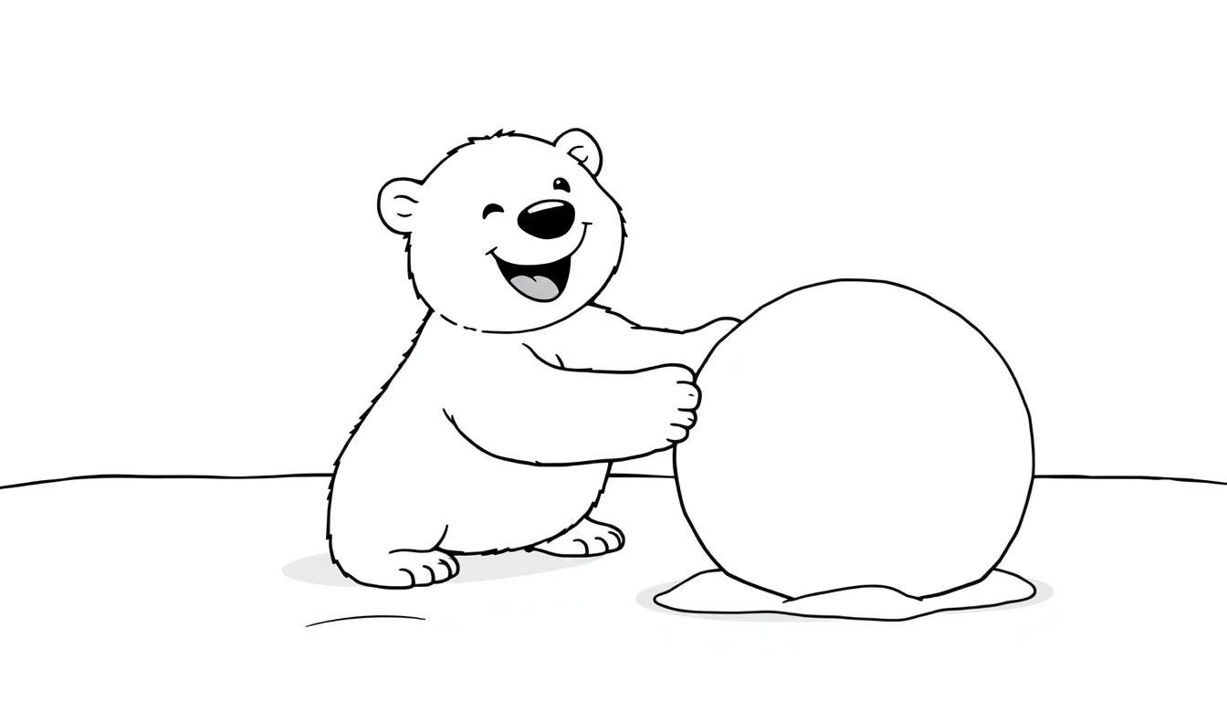 A cute cartoon polar bear cub rolling a large snowball.