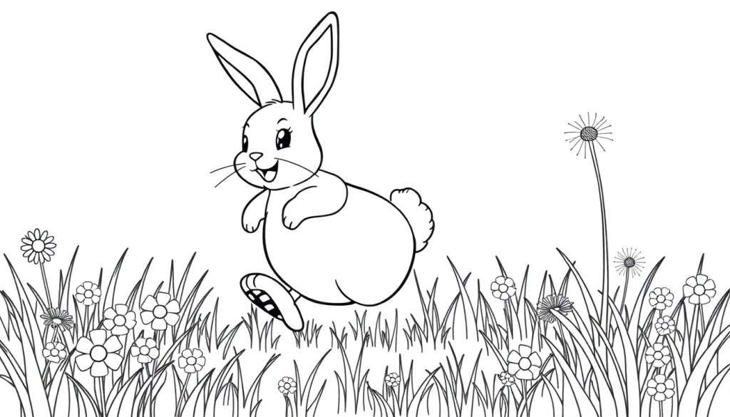 A black and white drawing of a smiling bunny with long ears and a fluffy tail running through a field of grass and flowers, perfect for a color panel.