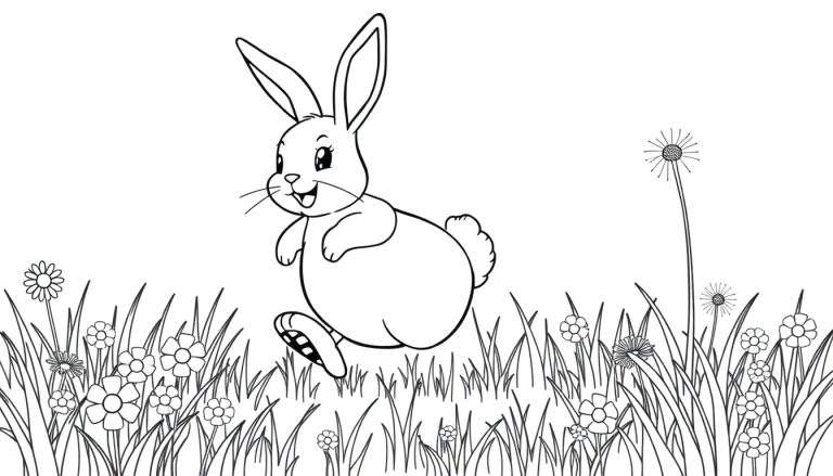 A black and white drawing of a smiling bunny with long ears and a fluffy tail running through a field of grass and flowers, perfect for a color panel.