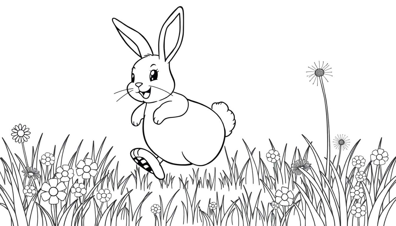 A black and white drawing of a smiling bunny with long ears and a fluffy tail running through a field of grass and flowers, perfect for a color panel.