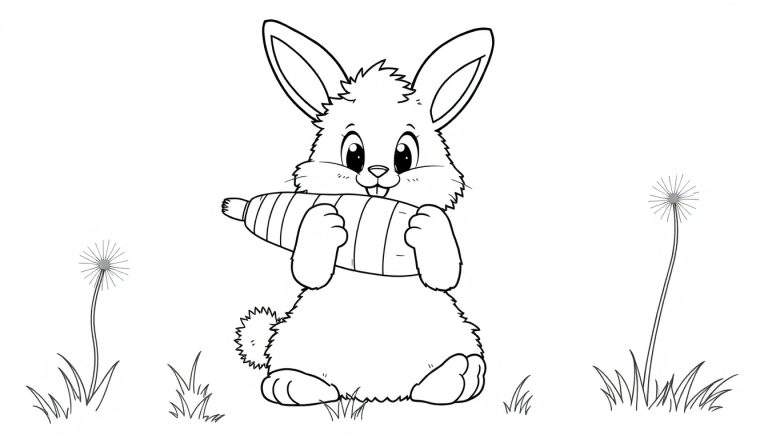 A black and white cartoon bunny holding a giant striped carrot, ready for a coloring panel.