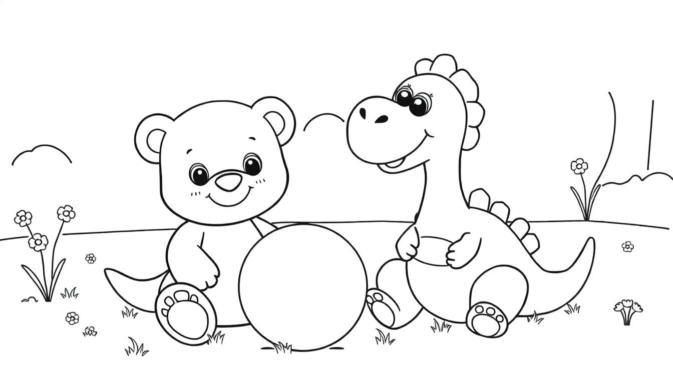 A black and white coloring panel featuring a teddy bear and a dinosaur sitting together in a field.