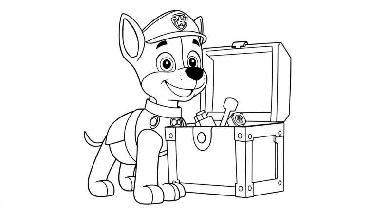 Chase from Paw Patrol coloring panel, smiling next to an open treasure chest full of tools and papers.