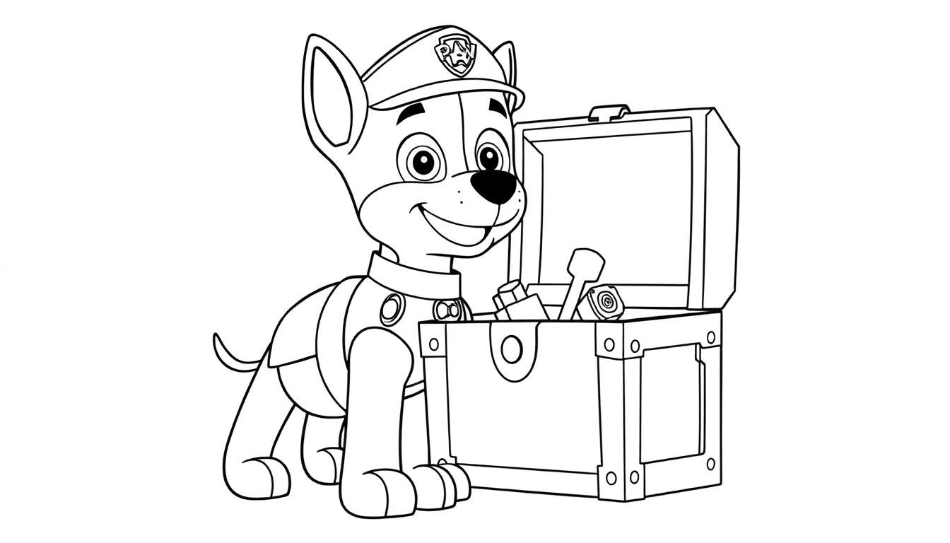 Chase from Paw Patrol coloring panel, smiling next to an open treasure chest full of tools and papers.