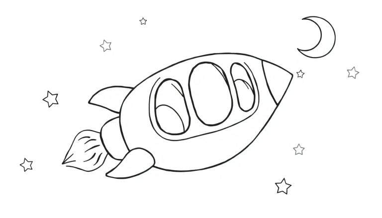 A friendly black and white cartoon rocket ship with fins, flames, and three large windows, ready to be colored in a color panel, flying past a crescent moon and stars in space.