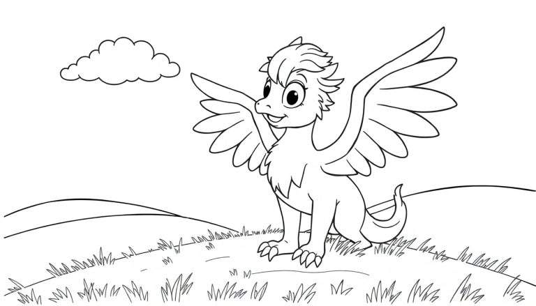 A friendly griffin coloring panel with big, curious eyes, ready for coloring.
