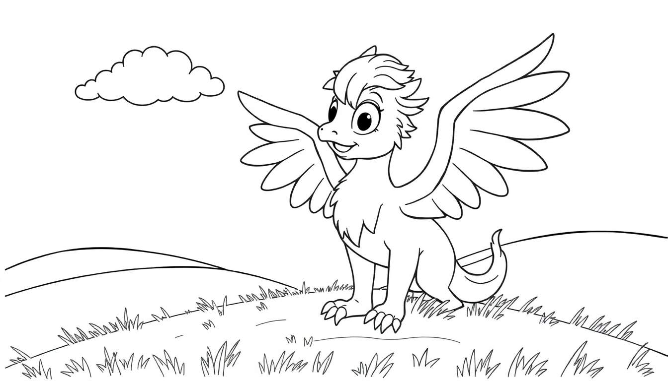 A friendly griffin coloring panel with big, curious eyes, ready for coloring.