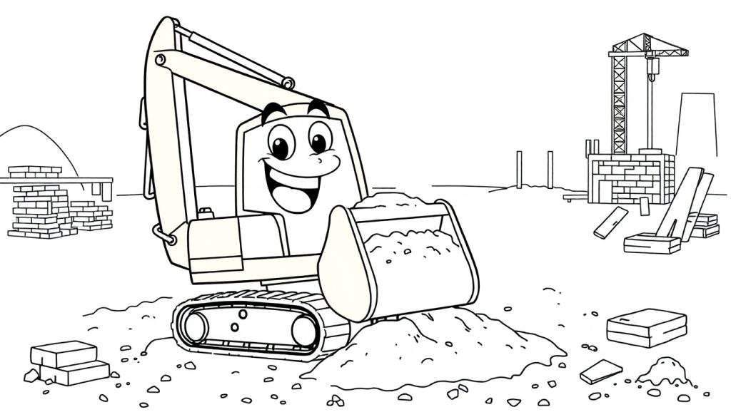 A friendly black and white cartoon bulldozer with big eyes and a smile is digging in a construction site.