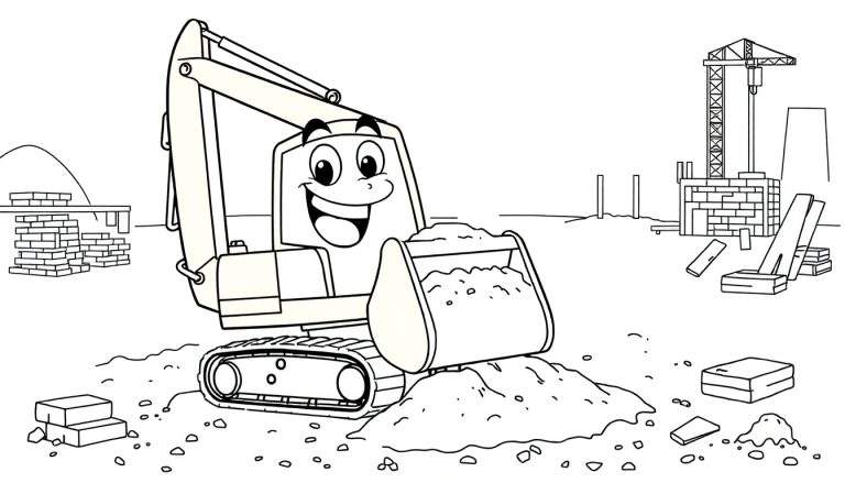 A friendly black and white cartoon bulldozer with big eyes and a smile is digging in a construction site.