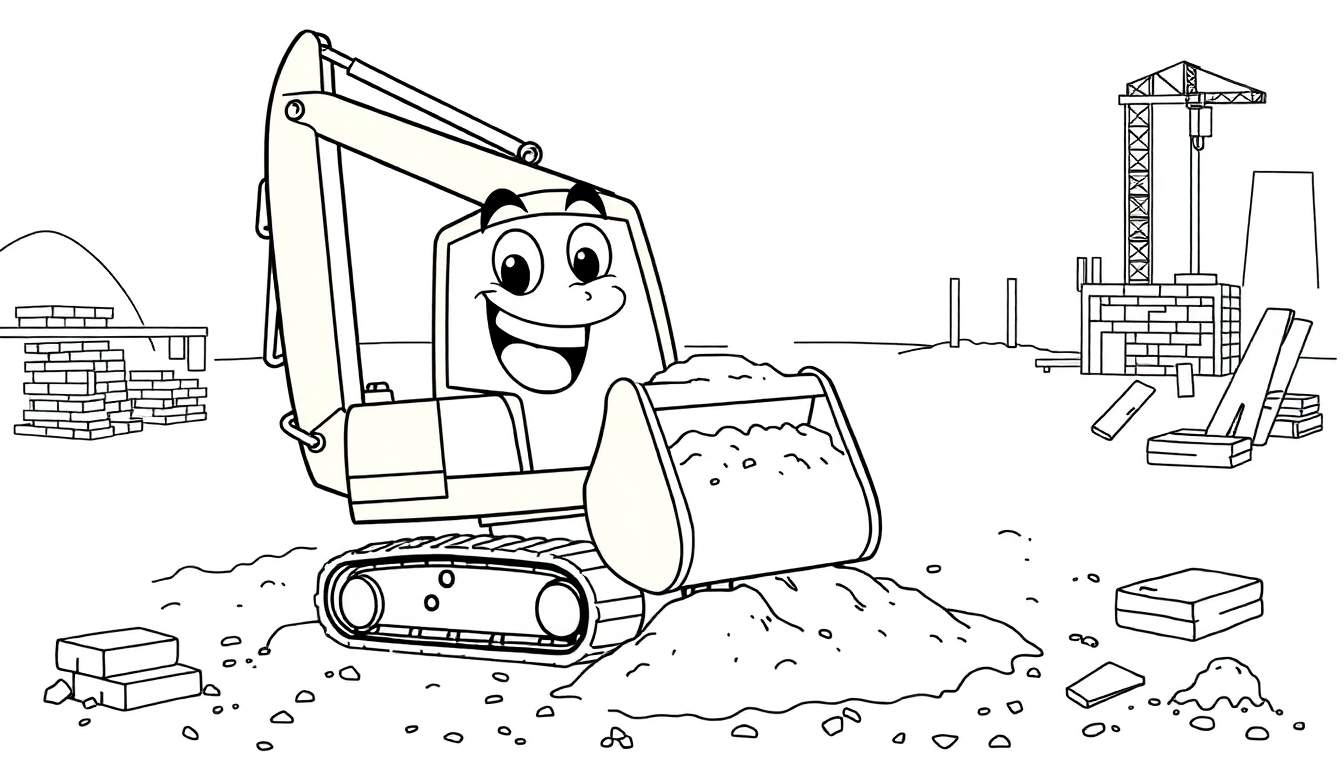 A friendly black and white cartoon bulldozer with big eyes and a smile is digging in a construction site.