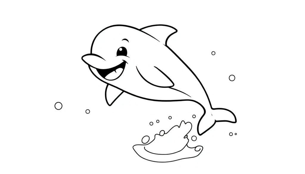 A happy cartoon dolphin jumping out of bubbly water, ready for a color panel.