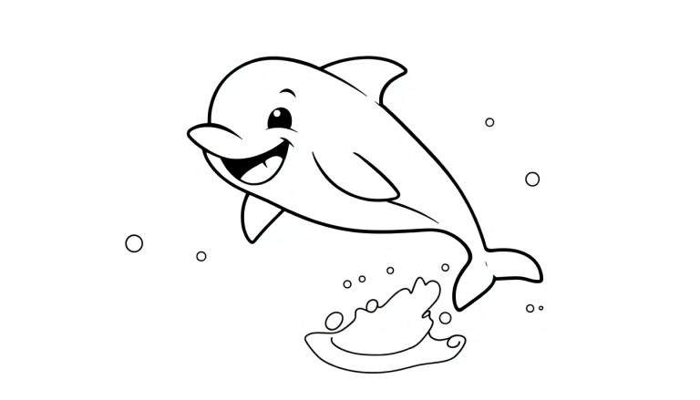 A happy cartoon dolphin jumping out of bubbly water, ready for a color panel.