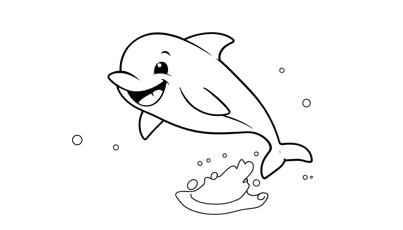 A happy cartoon dolphin jumping out of bubbly water, ready for a color panel.