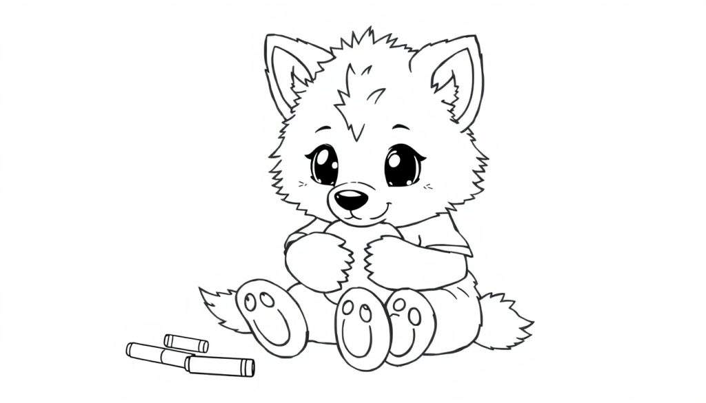 A cute cartoon wolf cub in a color panel, ready to color.