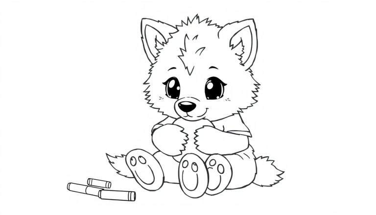 A cute cartoon wolf cub in a color panel, ready to color.