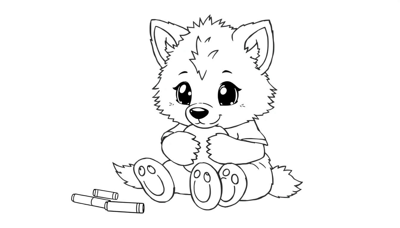 A cute cartoon wolf cub in a color panel, ready to color.
