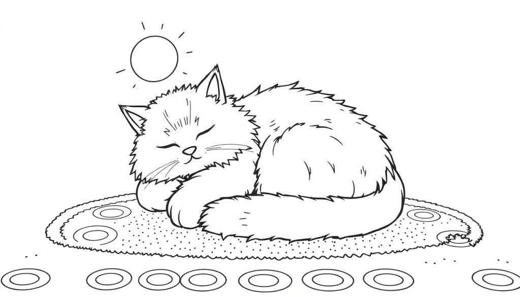 A fluffy cat sleeping on a rug, with a sun and rings above, a simple black and white color panel for kids.