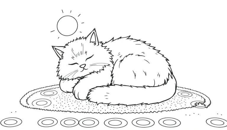 A fluffy cat sleeping on a rug, with a sun and rings above, a simple black and white color panel for kids.