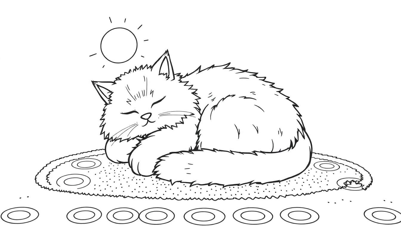 A fluffy cat sleeping on a rug, with a sun and rings above, a simple black and white color panel for kids.