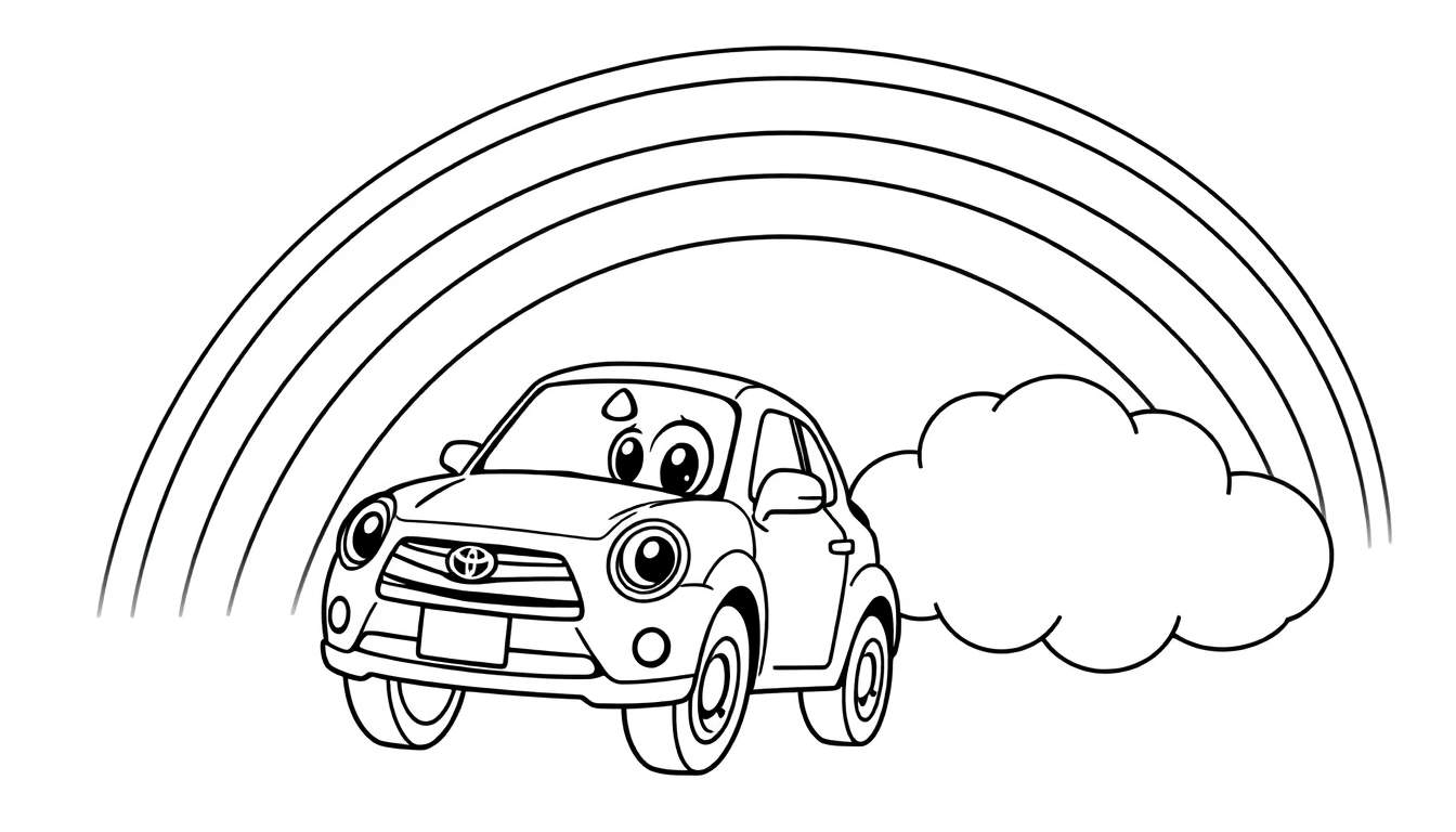 A cheerful black and white cartoon of a smiling Toyota car driving through a rainbow with a cloud puffing out from its exhaust.