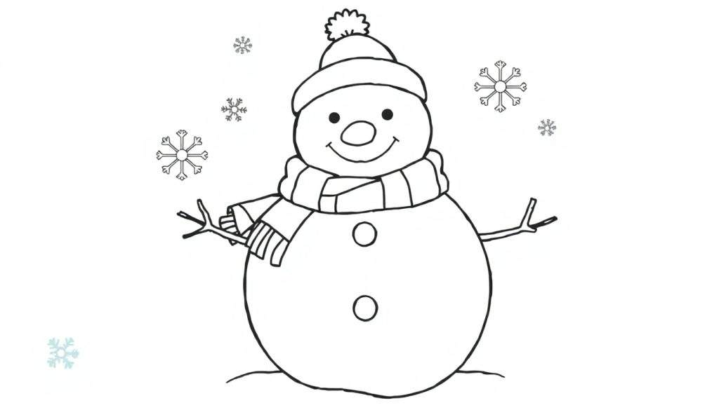 A black and white drawing of a cute snowman, ready for a color panel.