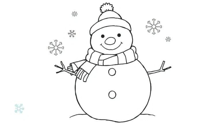 A black and white drawing of a cute snowman, ready for a color panel.